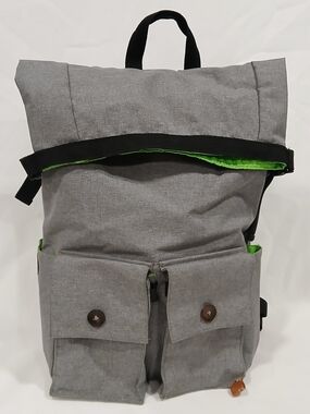 PKG Rolltop Backpack Padded Laptop Grey Lime Green Heavy Duty Weather Resistant